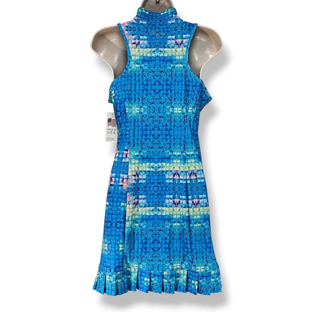 Tzu Tzu Sport Shiloh Golf Dress Small S NWT Blue Mosaic Geometric Mock Neck - Picture 2 of 8